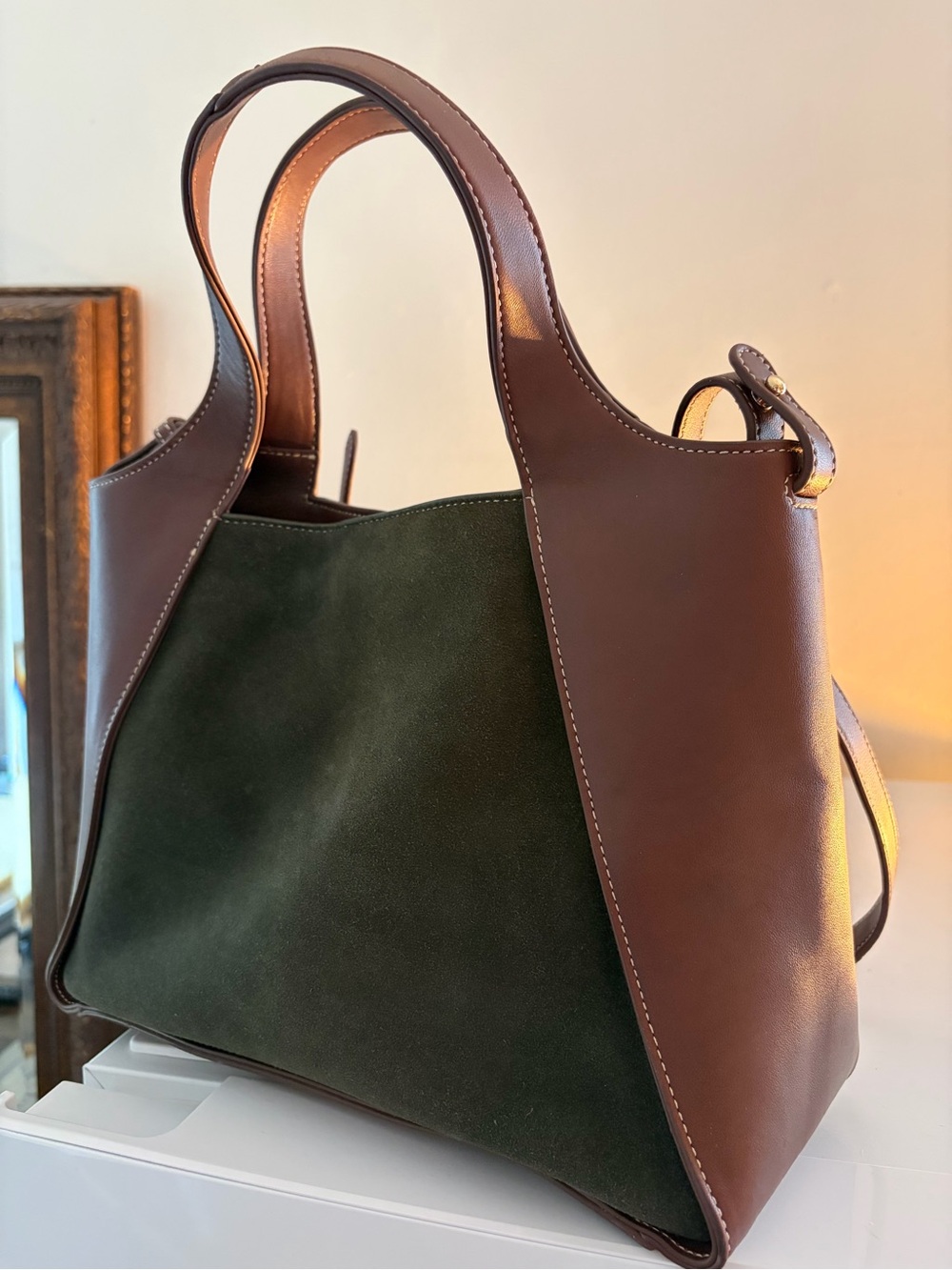 J. McLaughlin Brown Leather Shoulder Bag with Green Suede Panel